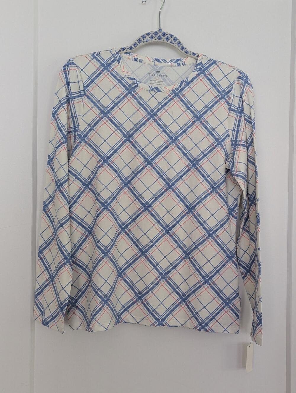 Talbots M top shirt Blue White Plaid Diamond Long Sleeve NWT